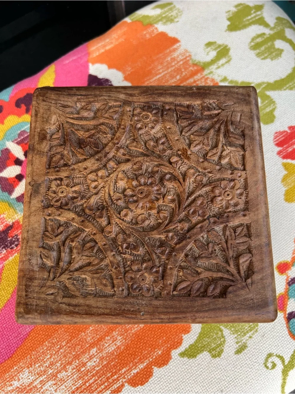 Vintage Archana Crafts India Hand Carved Wooden Trinket Box Floral Sheesham Wood